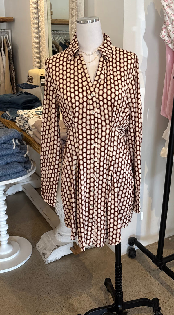 LONG SLEEVE SHIRT DRESS - BROWN/CREAM