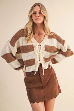 STRIPED FRONT TIE CARDIGAN - CREAM/BROWN