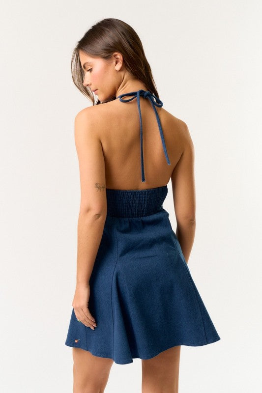 EMBROIDERED DENIM MINI DRESS - DARK DENIM