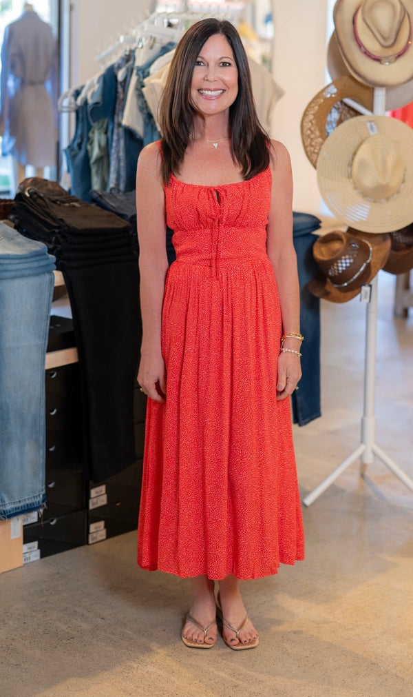 NINA MILKMAID MIDI DRESS - RED