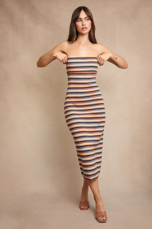 KNIT STRAPLESS MIDI DRESS SWEATER - TAN MULTI