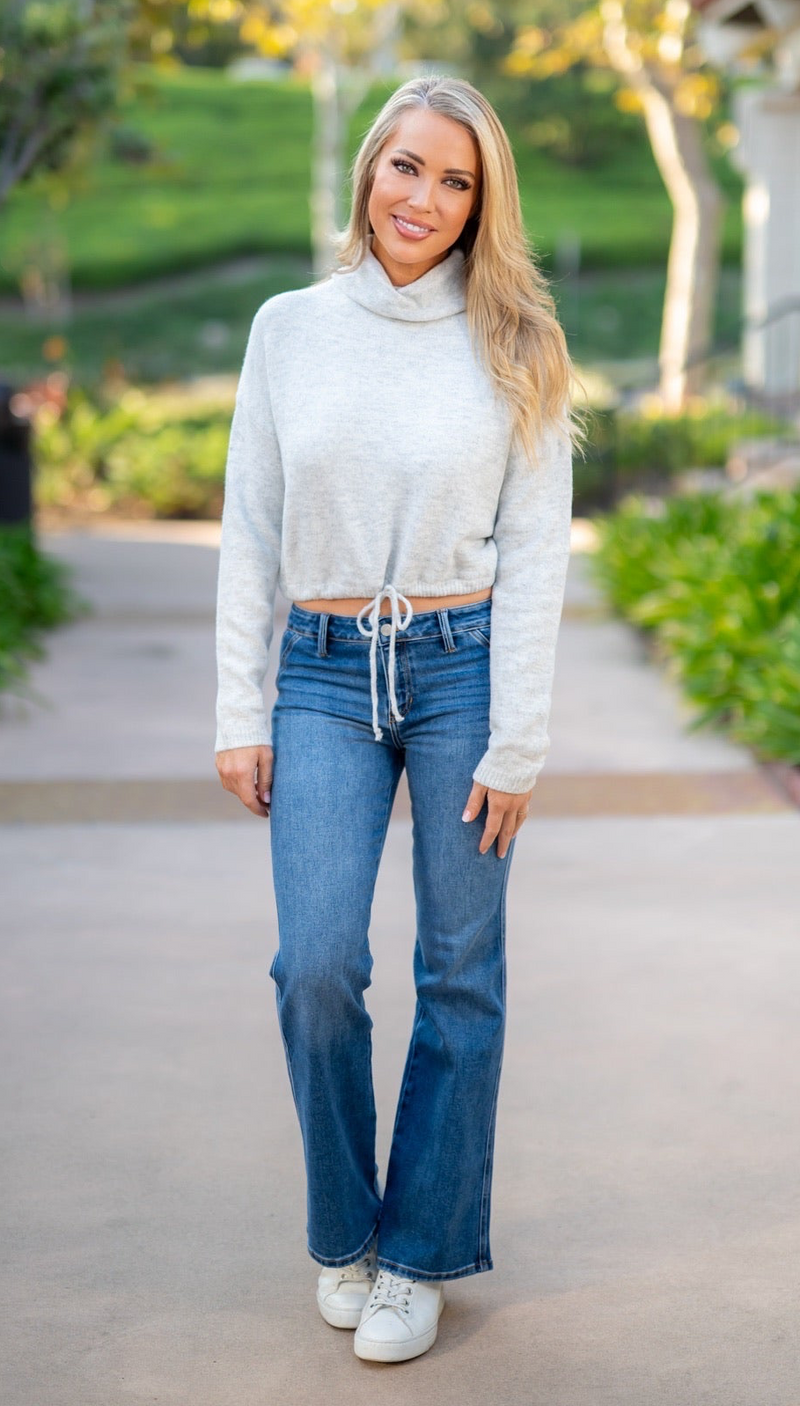 DRAWSTRING WAIST TURTLENECK SWEATER - GREY