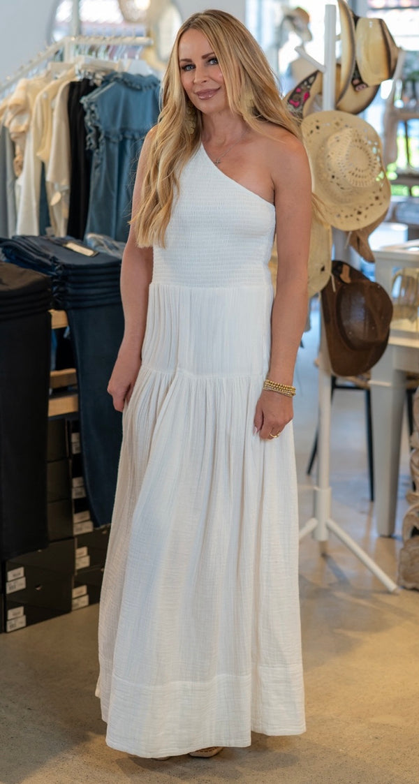 ELAN ONE SHOULDER MIDI DRESS - WHITE