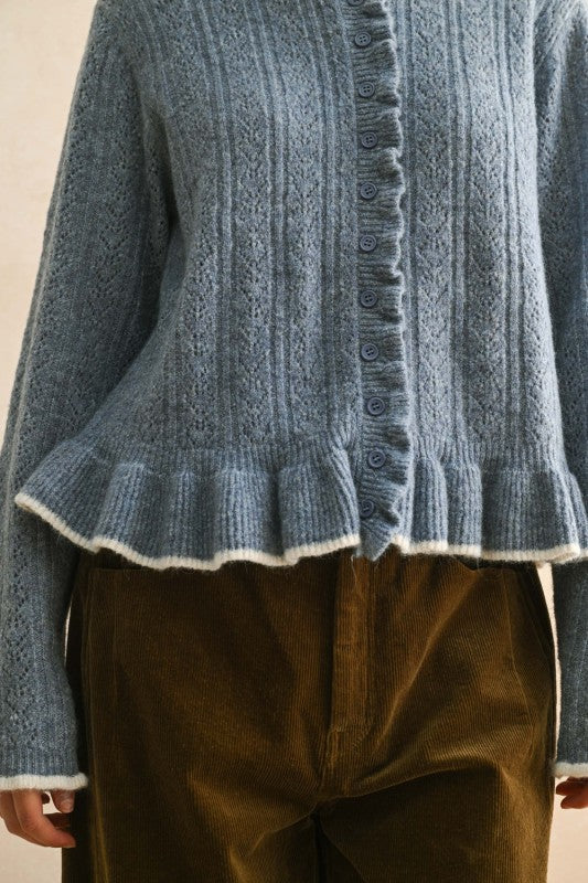 RUFFLE DETAIL SWEATER CARDIGAN - DENIM BLUE