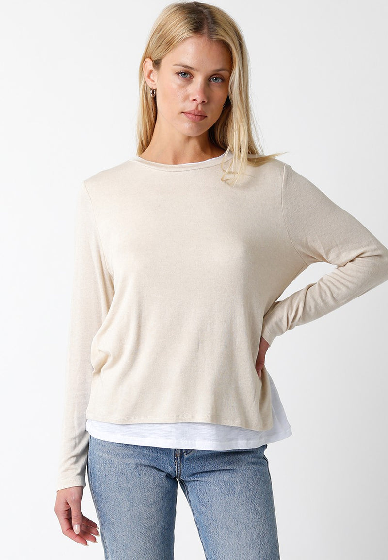 DOUBLE LINED CREW NECK SWEATER - NATURAL/WHITE