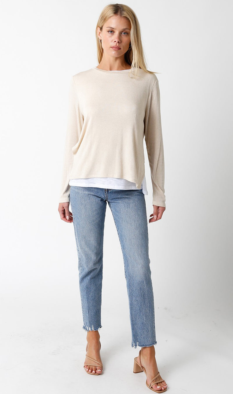 DOUBLE LINED CREW NECK SWEATER - NATURAL/WHITE