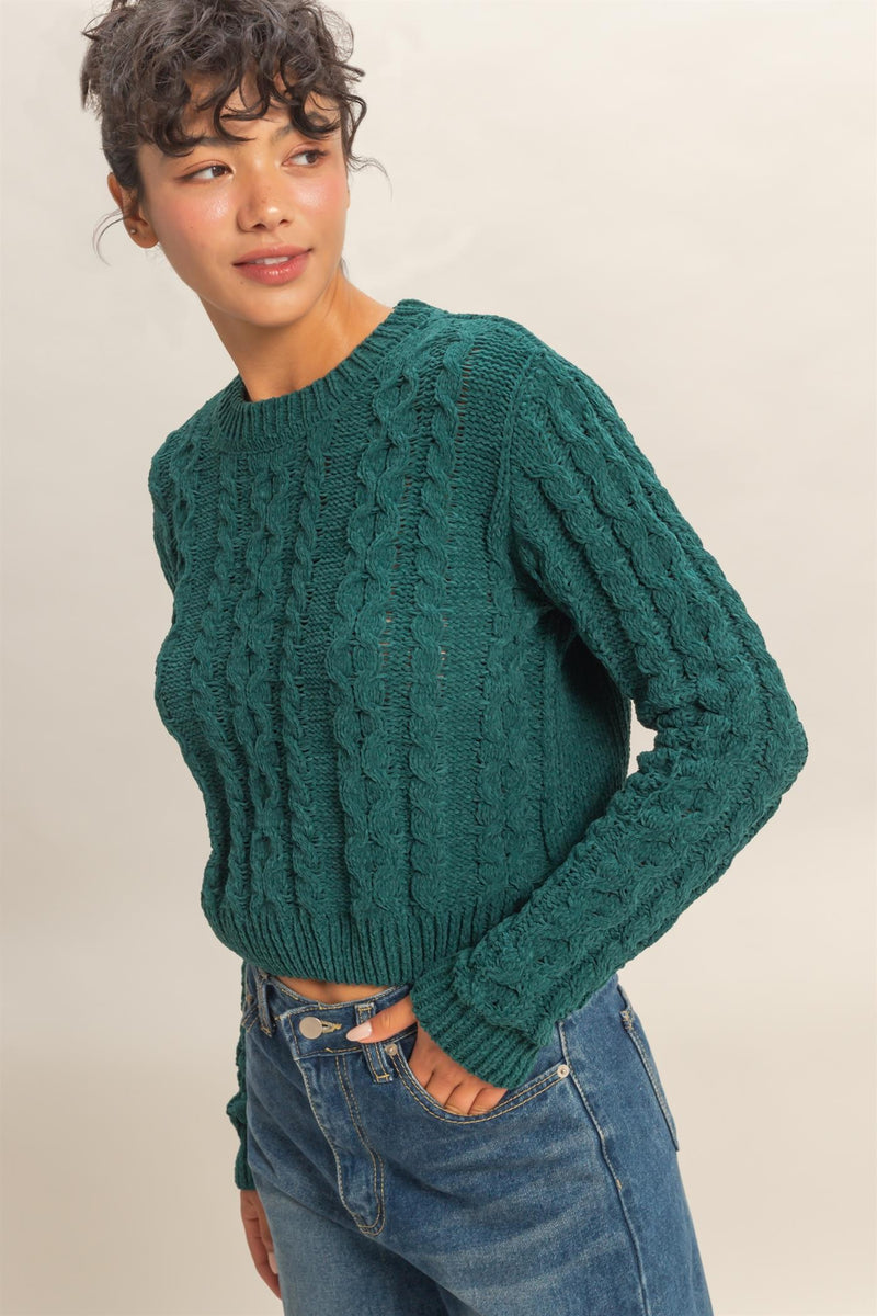 CABLE KNIT SWEATER - DARK GREEN