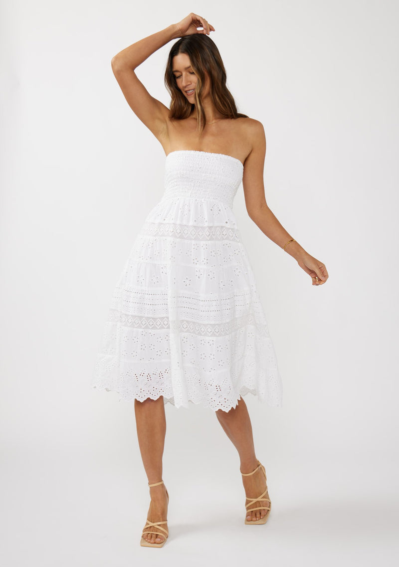 SMOCKED BUST TIERED EYELET DRESS - WHITE