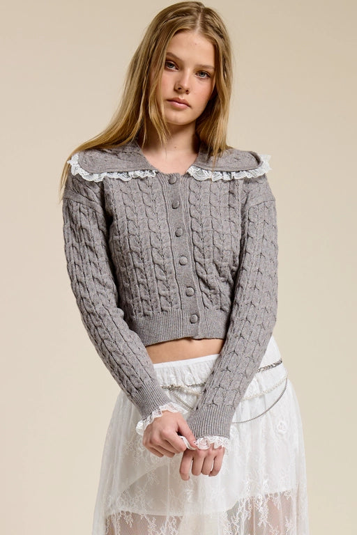 LACE TRIM CABLE KNIT CARDIGAN - GREY