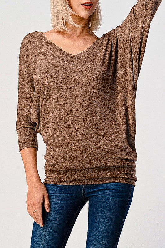 DOLMAN SLEEVE V-NECK TOP - MOCHA