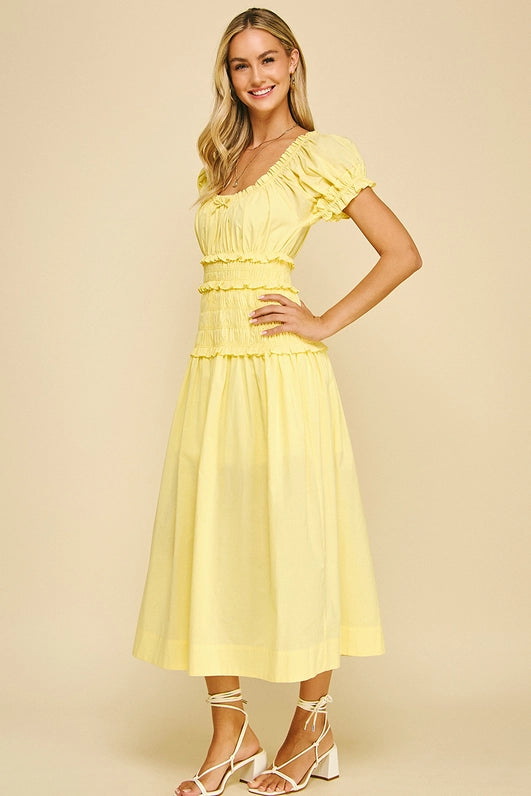 SMOCKED MIDI DRESS - LEMON