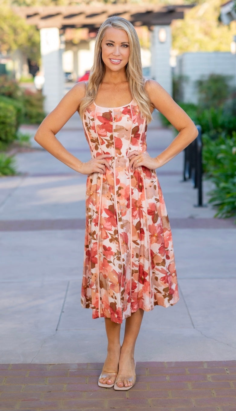 CONTRAST BINDING MIDI DRESS - RUST MULTI