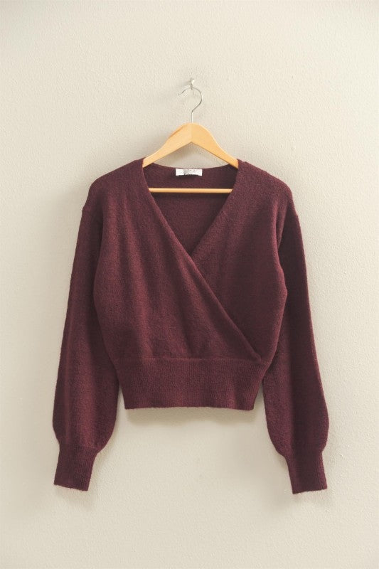 SURPLICE V-NECK SWEATER - DARK CHERRY