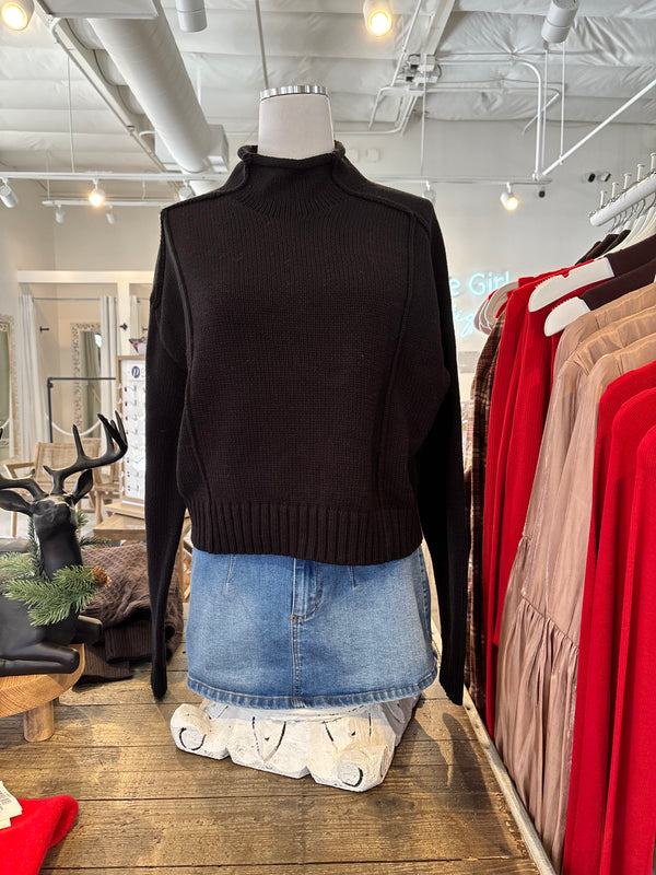 MOCK NECK RIBBED SWEATER - BLACK