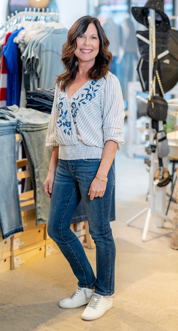 BRISA FLORAL STRIPED TOP - NAVY/NATURAL