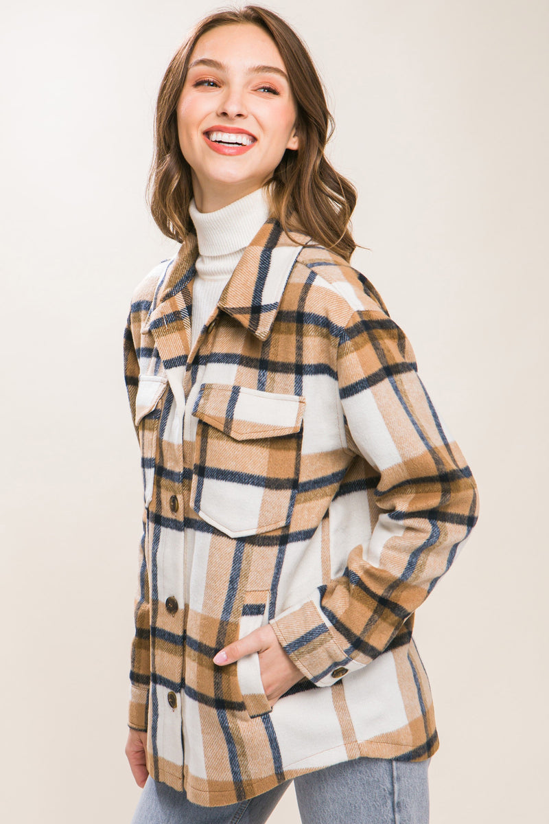 PLAID BUTTON UP SHACKET - CAMEL