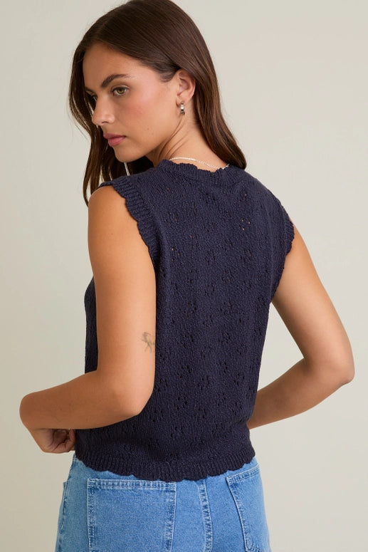SCALLOPED EDGE SWEATER VEST - NAVY