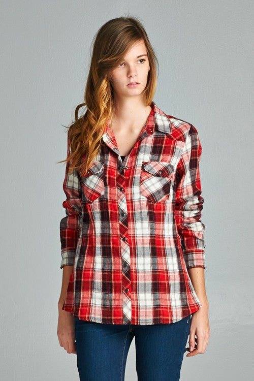 SNAP FRONT PLAID SHIRT - RED/BLACK