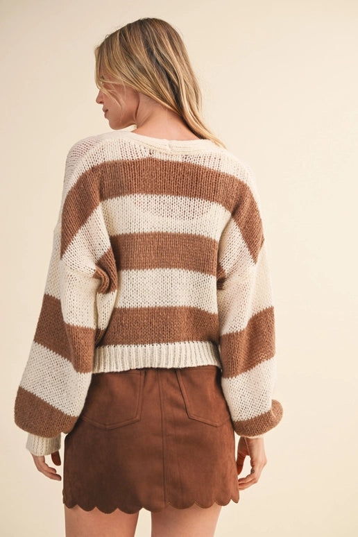 STRIPED FRONT TIE CARDIGAN - CREAM/BROWN