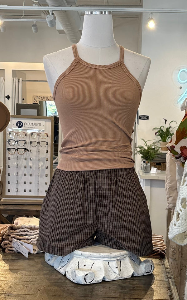 PLAID BOXER STYLE SHORTS - CHOCOLATE