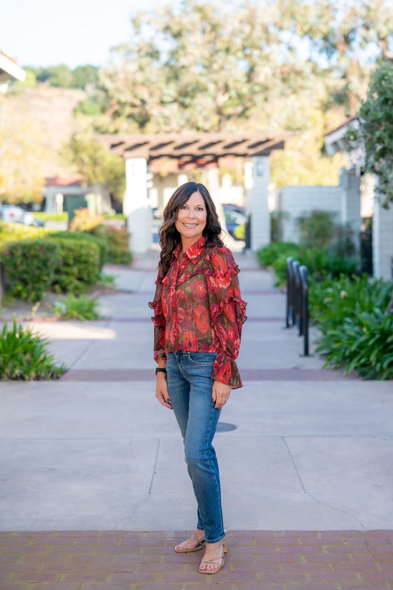 FLORAL RUFFLE BLOUSE - RED BURGUNDY