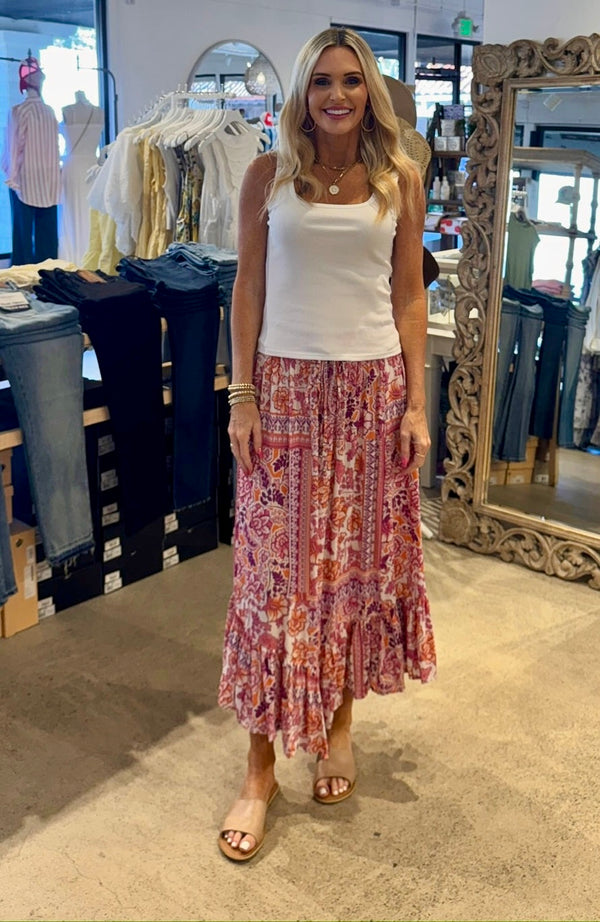 FLORAL ASYMMETRIC MAXI SKIRT - PINK