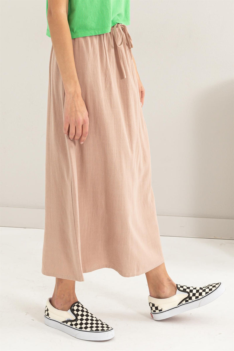 LINEN BLEND MIDI SKIRT - TAN