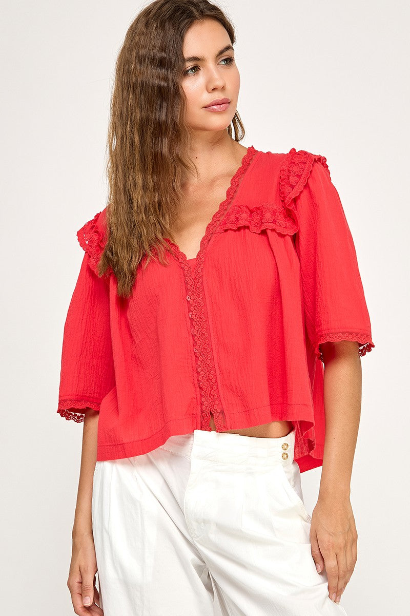 EMBROIDERED LACE TRIM BLOUSE - RED