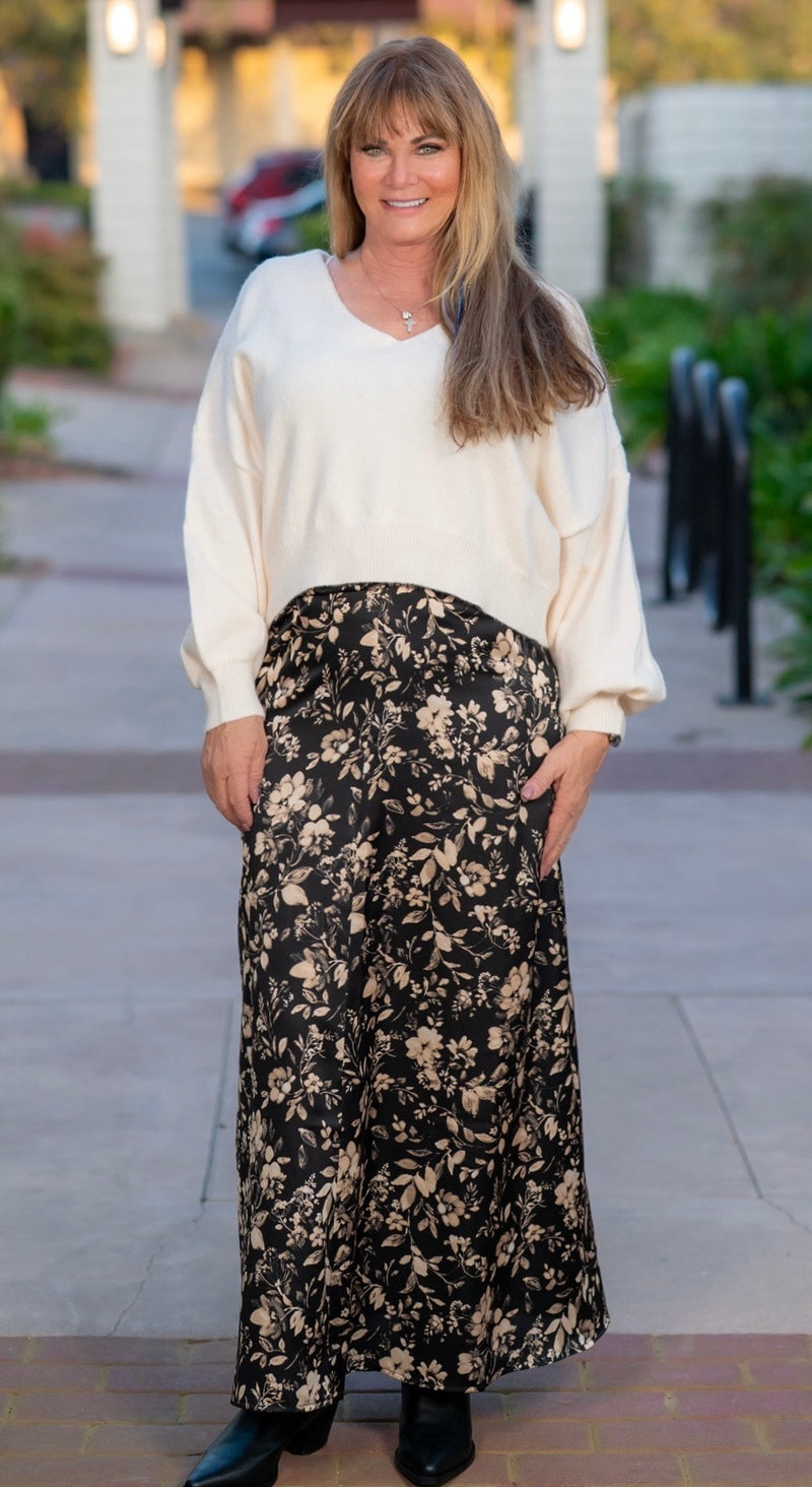 FLORAL SATIN BIAS MAXI SKIRT - BLACK/TAUPE