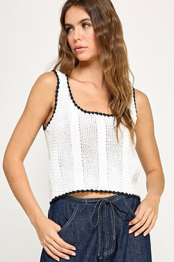 KNIT CROCHET TANK TOP - OFF WHITE/BLACK