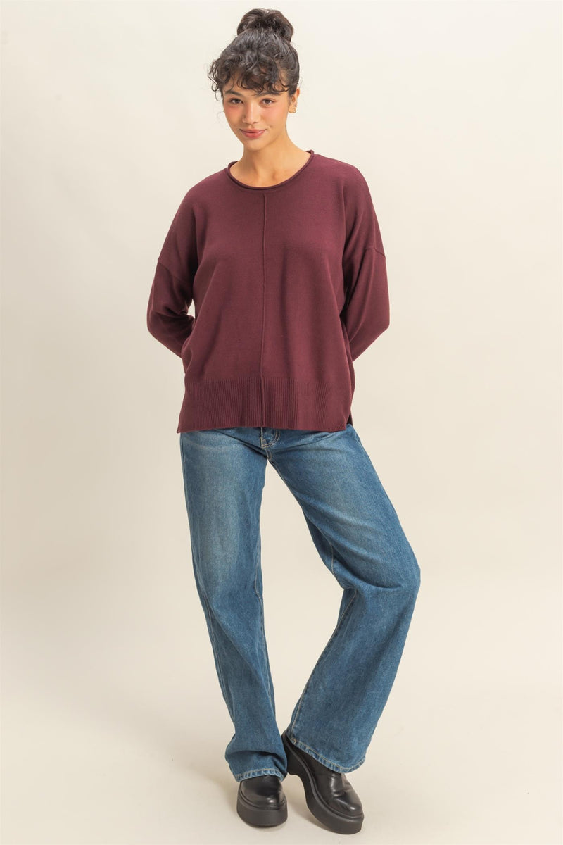 DROP SHOULDER SWEATER - DARK CHERRY