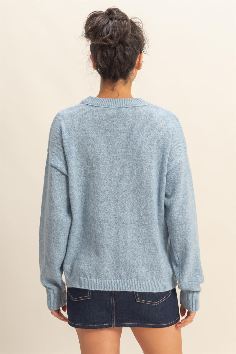 FRONT SEAM CREW NECK SWEATER - OCEAN BLUE