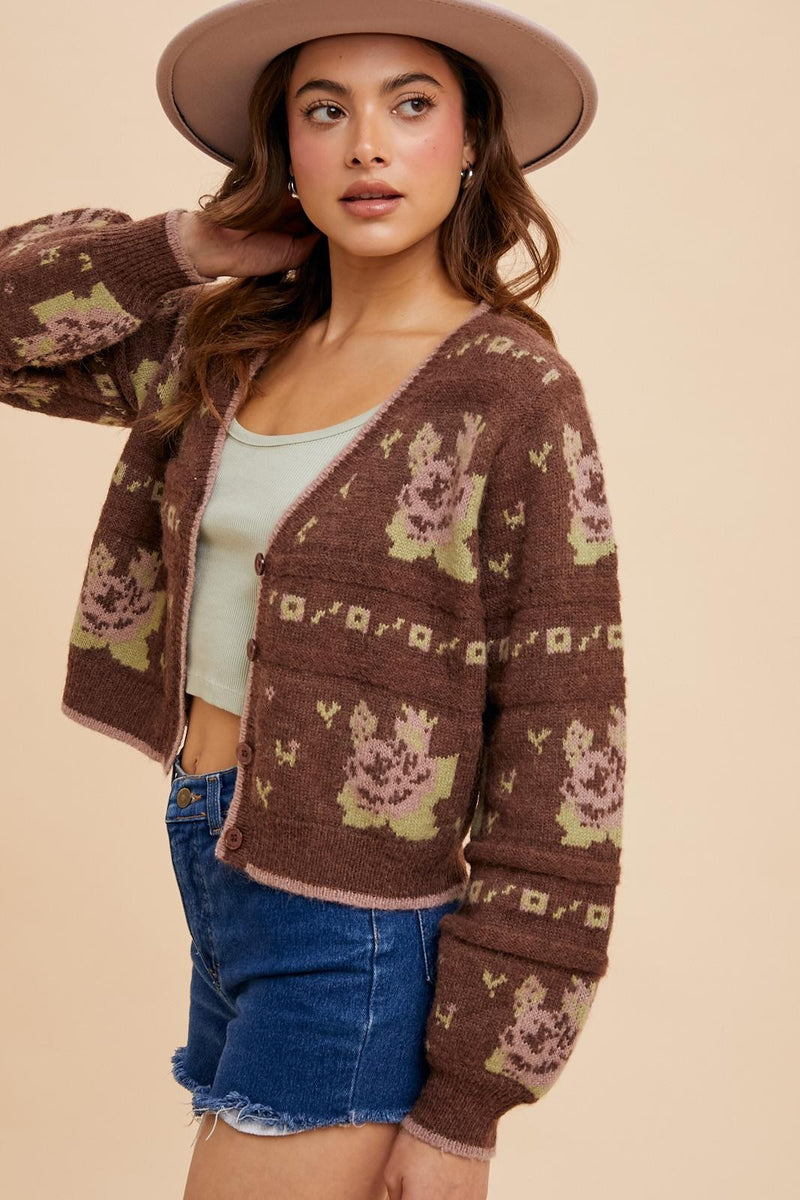 FLORAL JACQUARD CARDIGAN - CHESTNUT