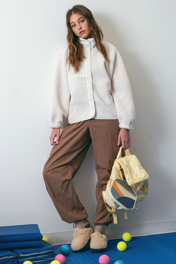 SOLID SNAP BUTTON FLEECE JACKET - IVORY