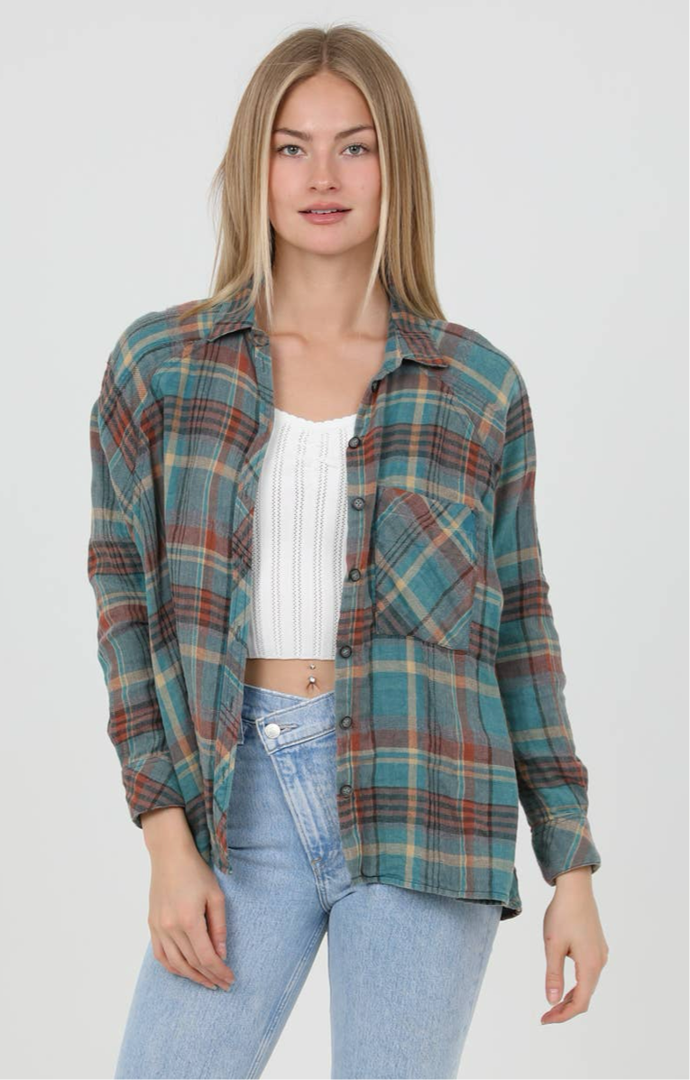 PLAID BUTTON FRONT SHIRT - TURQUOISE