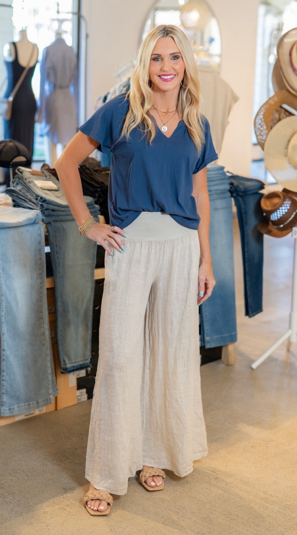 WIDE LEG LINEN PANTS - BEIGE