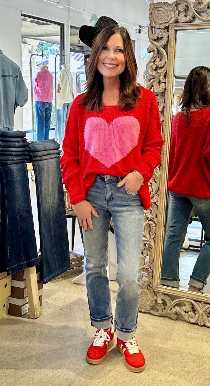 LIGHTWEIGHT HEART SWEATER - RED W/PINK HEART