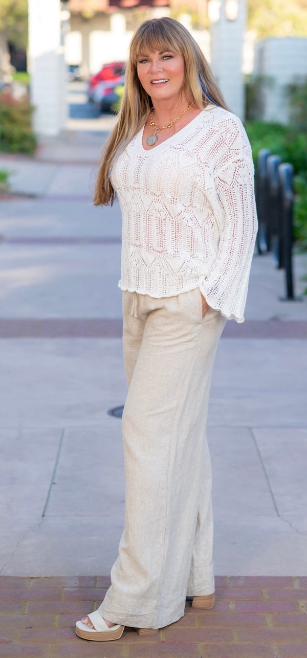 OPEN KNIT V-NECK SWEATER - IVORY