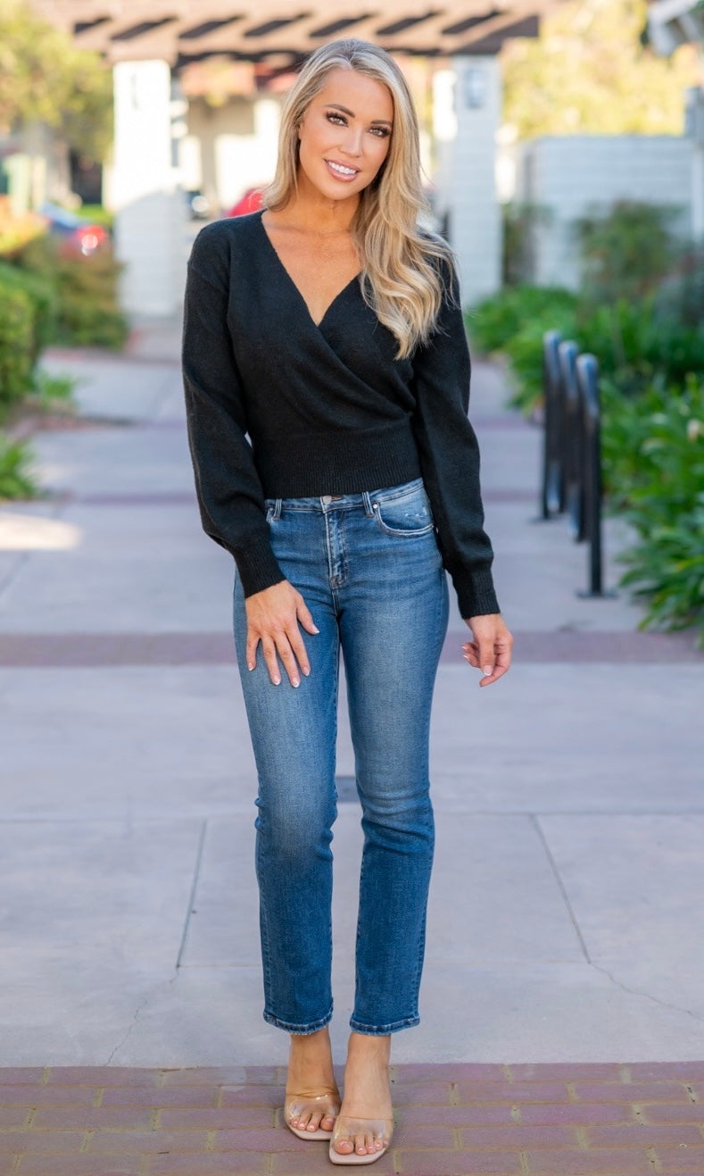 SURPLICE V-NECK SWEATER - BLACK