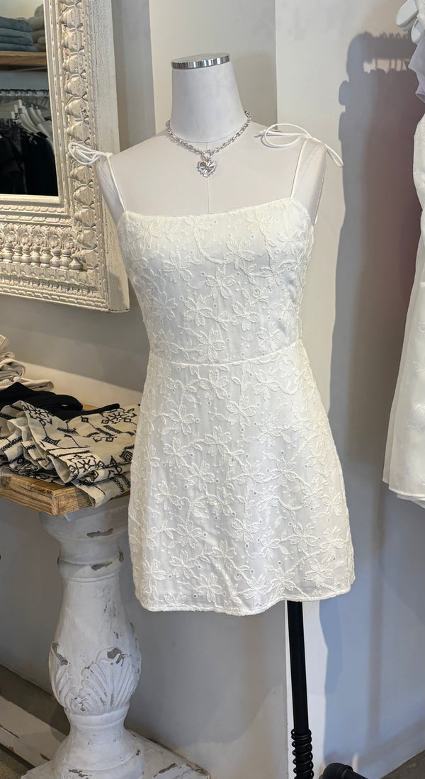 TIE STRAP EYELET MINI DRESS- WHITE