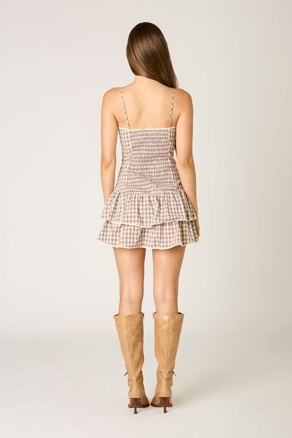 LACE TRIM PLAID MINI DRESS - BROWN