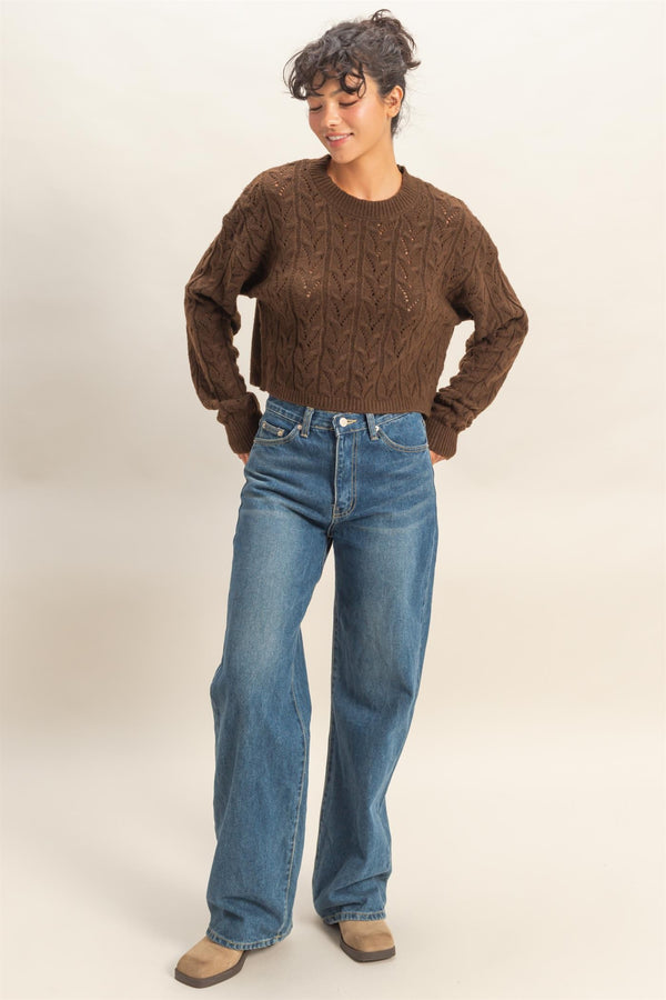 CROPPED OPEN KNIT SWEATER - CHESTNUT