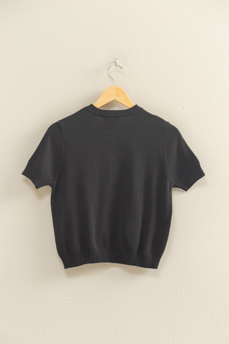 SHORT SLEEVE BUTTON CARDIGAN - BLACK
