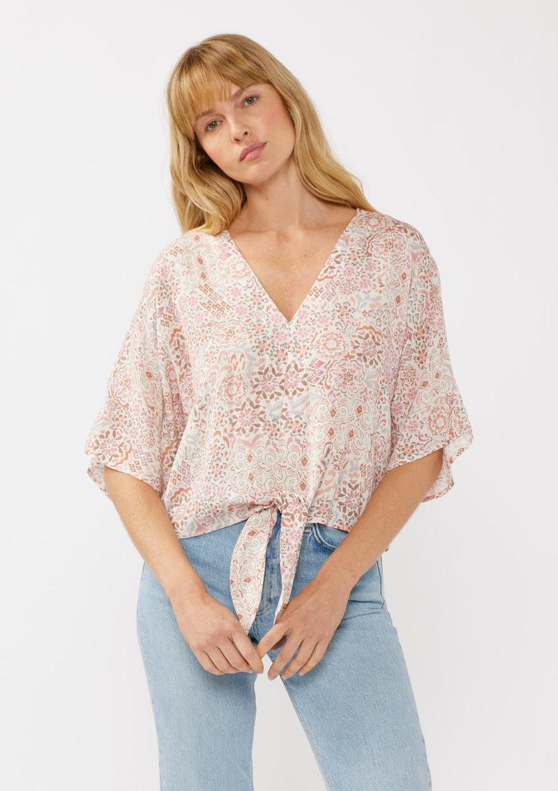 KIMONO TIE FRONT TOP - NATURAL/DUSTY PINK