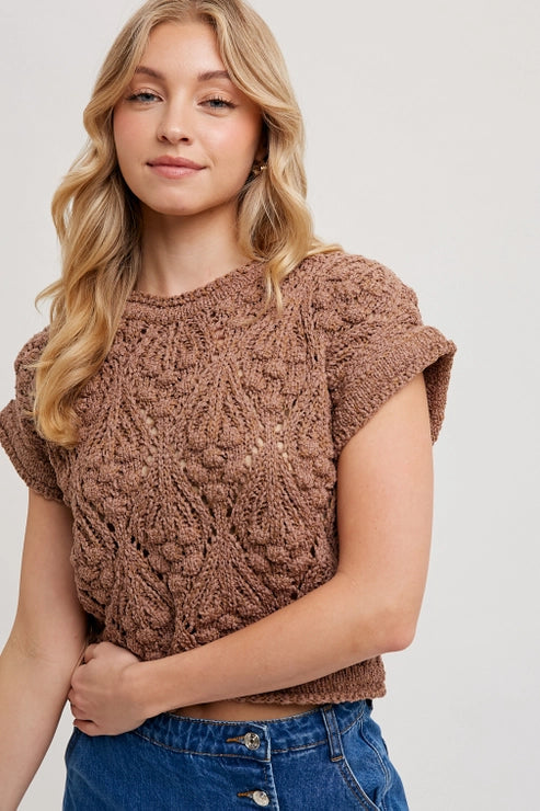 KNIT SHORT SLEEVE SWEATER - MOCHA