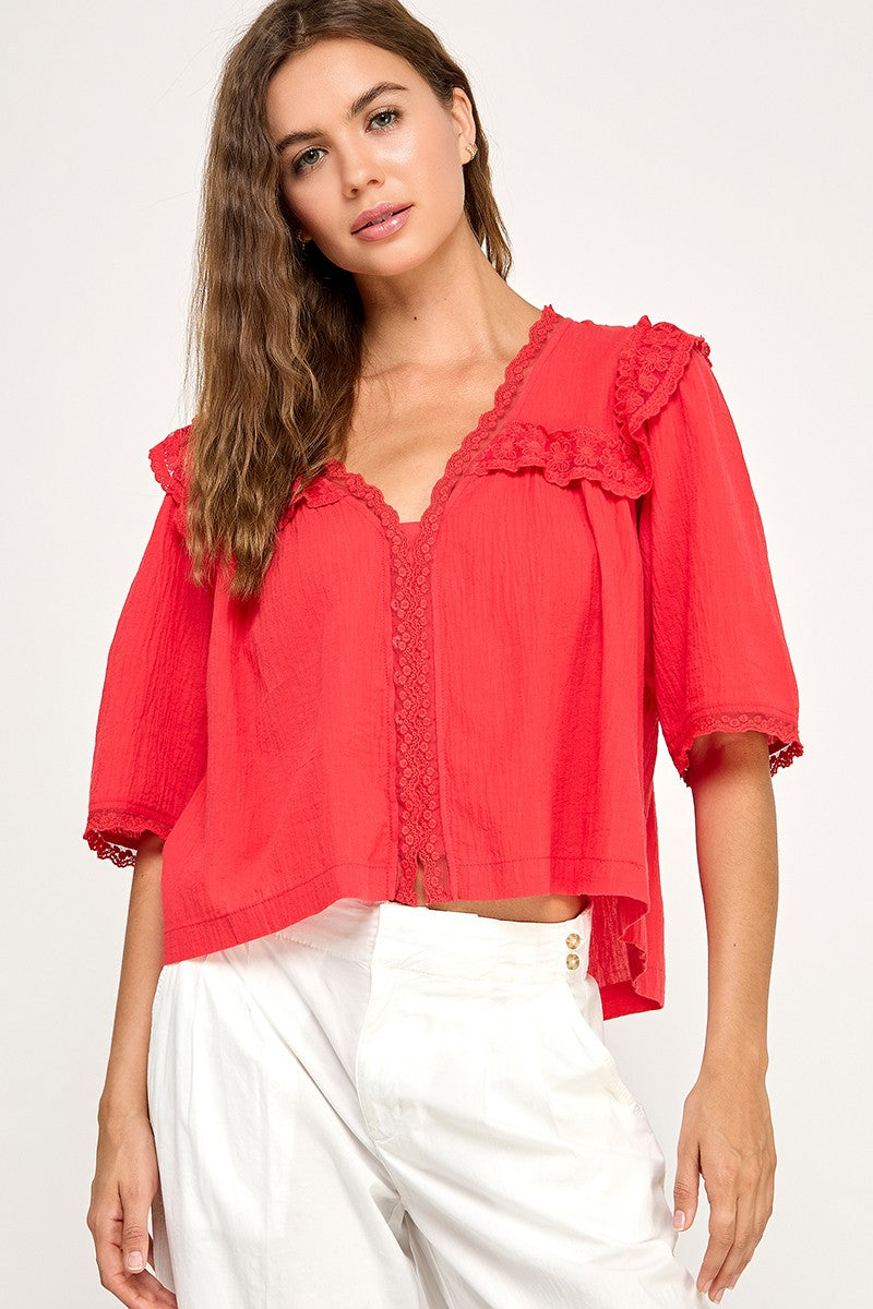 EMBROIDERED LACE TRIM BLOUSE - RED
