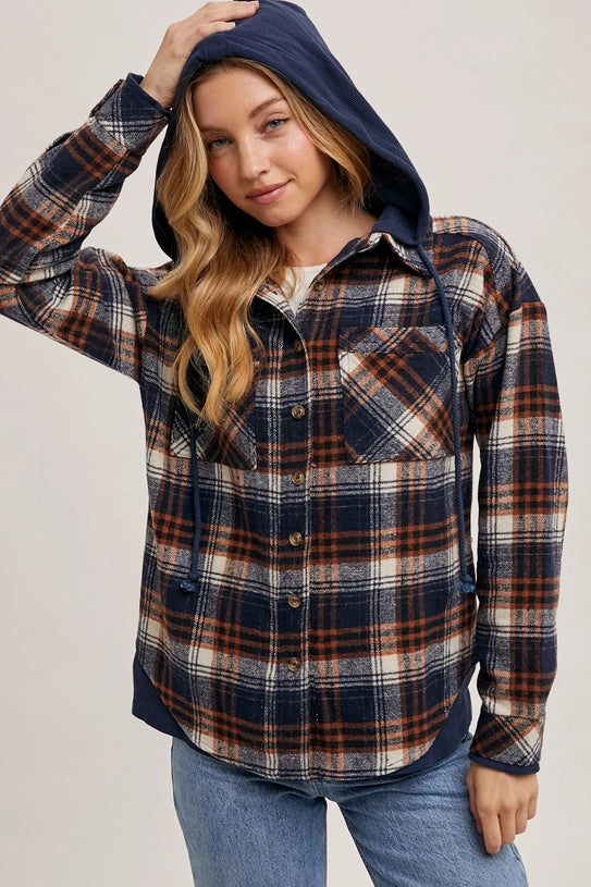 BUTTON DOWN HOODED PLAID JACKET - NAVY