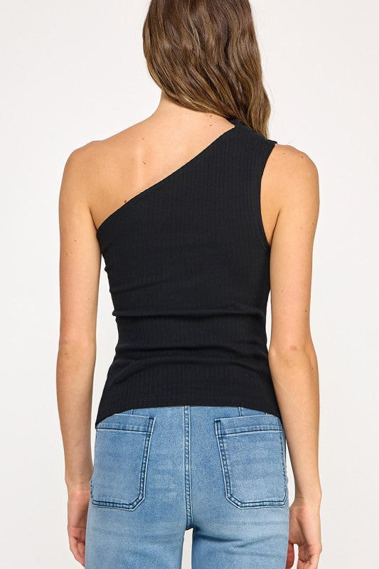 STRETCHY ONE SHOULDER  RIBBED TOP - BLACK