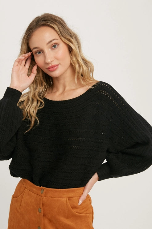 TEXTURED LOOSE KNIT SWEATER - BLACK