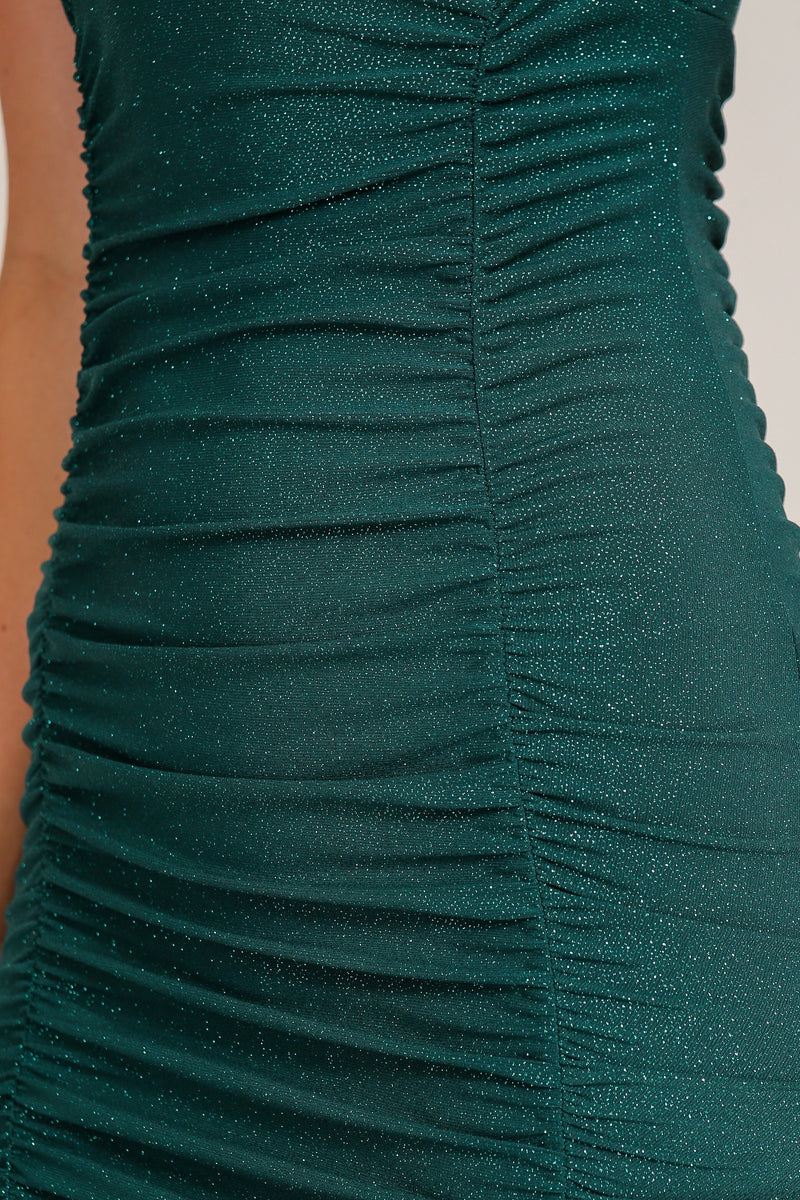 BODYCON GLITTER RUCHED DRESS - HUNTER GREEN